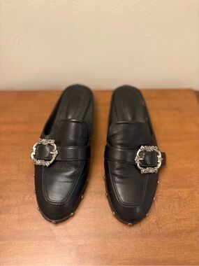 The Kooples Black Slip-On Leather Mule with Decorative Boho Buckle